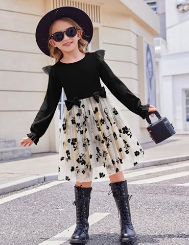 Image of Arshiner Toddler Girls Tulle Dresses with Bow Tie Fall Winter Long Sleeve Formal Party Dress 1-7 Y