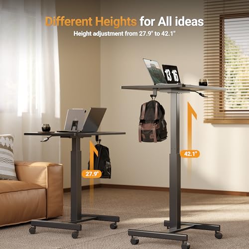 Image of YDN Mobile Mobile Standing Desk, Adjustable Height Portable Laptop Desk with Lockable Wheels, 25.5 inch x 18.8 inch Rolling Desk with Hook for Computer Workstation, Black