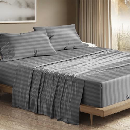 Image of THREAD SPREAD Egyptian Cotton Sheets King Size - 1200 Series Plush Collection Damask Sheet Set Egyptian Cotton (4 PC, Dark Grey Stripe), Luxury Sheet King Size, Soft, Cooling Deep Pocket Sheets