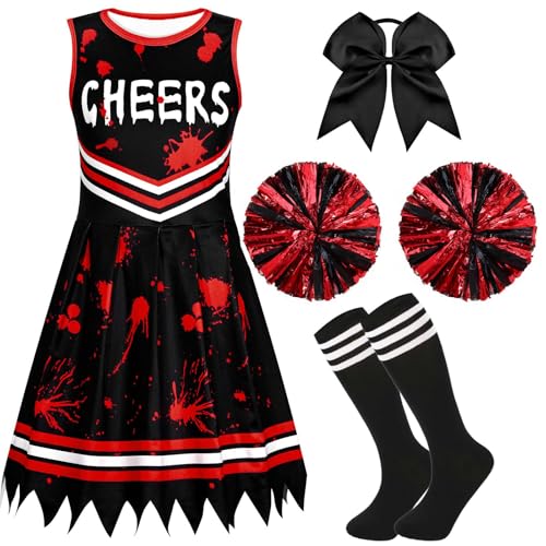 Kavoc 4Pcs Halloween Zombie Cheerleader Costume Accessories Including Black Red Skirt Bow Tie Socks (10-12Years Old)