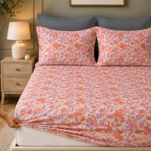 Image of LANE LINEN Symphony | 100% Cotton Sheet Set | Soft & Breathable Fabric | 3 Piece (1 Bedsheet + 2 Pillow Covers) | King Bed Sheet Set - Coral & Lavender Painted Leaf