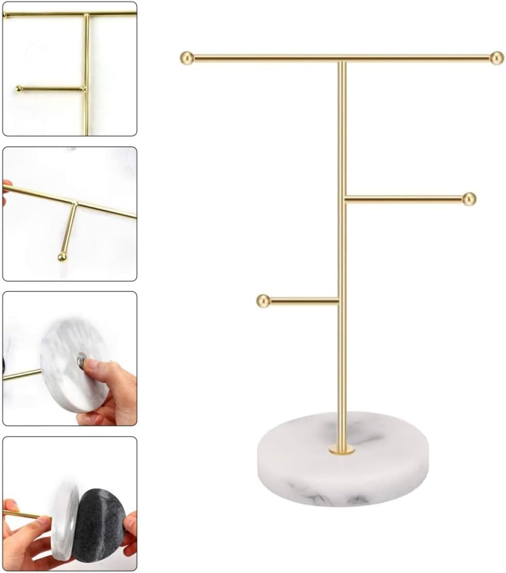 SUPVOX Gold Iron Jewelry Display Stand with Marble Base, 18.5x10x26cm Jewelry and Watch Organizer Holder for Earrings, Necklaces, and Bracelets Storage