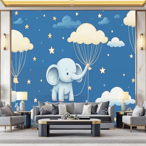 Papel pintado Bebé elefante fantasía diversión infantil Fotomurales Pared Tejido No Tejido Decorativos Murales Fotográfico Colores fríos azul y amarillo Moderno Decoración de Paredes 400 x 280 cm