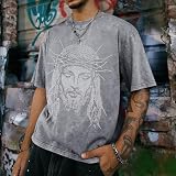 Reuseket Mens Jesus Rhinestone Shirt God Christian Oversized Shirts Faith Religious Garphic Tshirts Rhinestone Acid Wash Top(Light Gray,M)