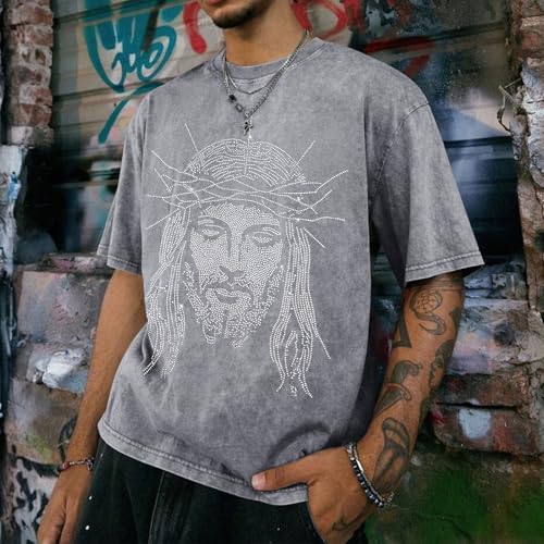 Reuseket Mens Jesus Rhinestone Shirt God Christian Oversized Shirts Faith Religious Garphic Tshirts Rhinestone Acid Wash Top(Light Gray,M)