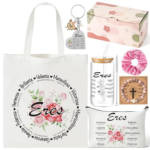 Y1tvei Spanish Christian Gift For Women - 11Pcs Flower Spanish Bible Verse Canvas Tote Bag Makeup Bag with Keychain Glass Bracelet Card, Inspirational Religious Spiritual Catholic Gift for Women Faith