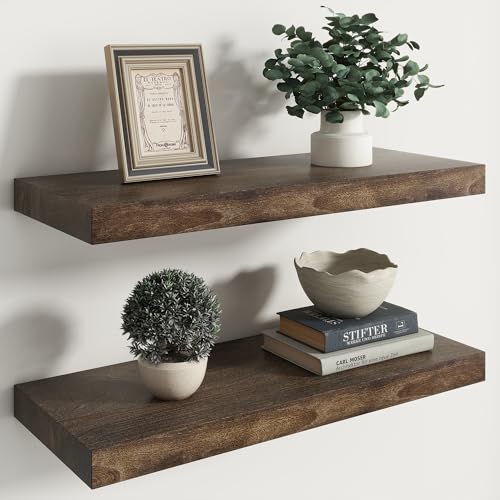Image of RICHFOCUS Elm Floating Shelves for Wall - 24 inch W x 9.3 inch D Rustic Solid Wood Shelves with Invisible Bracket, Wall-Mounted for Living Room, Bedroom, Kitchen Storage & Display, Set of 2, Walnut