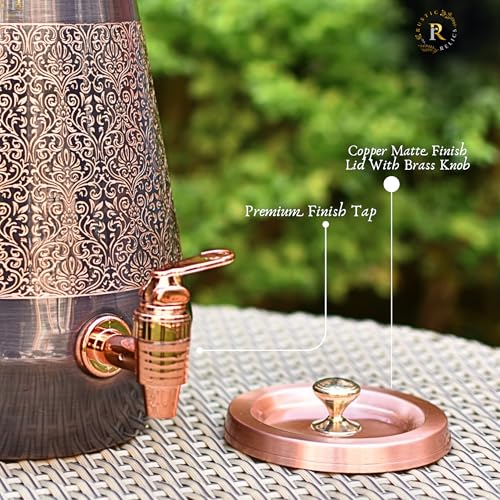 Image of Antique Copper Water Matka - 5L | with Eye Catching Embosed Engraving Design | Copper Water Storage Dispenser with Ayurvedic Health Beneifts | for Home and Offices Purpose