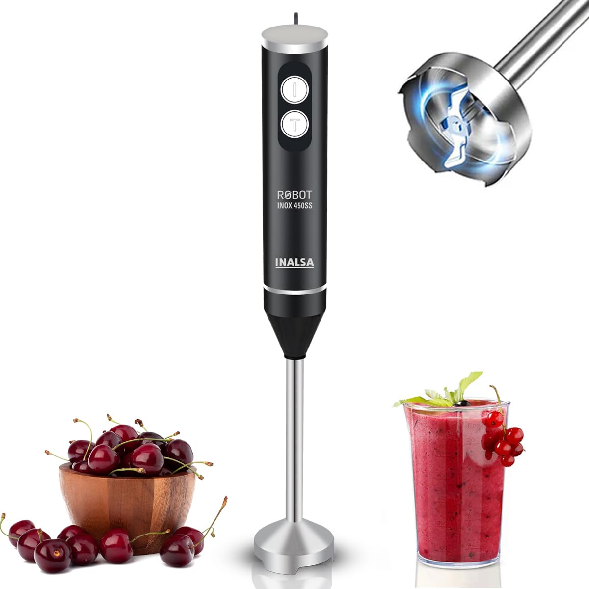 Inalsa Stainless Steel Electric Hand Blender with 450W Powerful DC Motor|Variable & Turbo Speed|Super Silent|Ultra Sharp SS Blade & Detachable Stem|Chop-Robot Inox 450 SS, Black And Silver