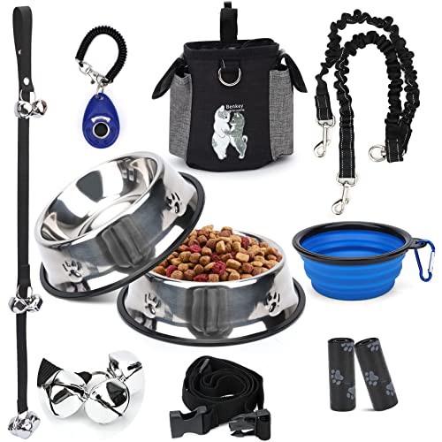 Benkey Puppy Training Kit, 9 pcs Pup Dog Starter kit Gift Set of Dog Treat Pouch Adjustable Dog Bell 2 Pack Stainless Steel Dog Bowl Potty Training Bell Dog Leashes Accessories and Dog Clicker