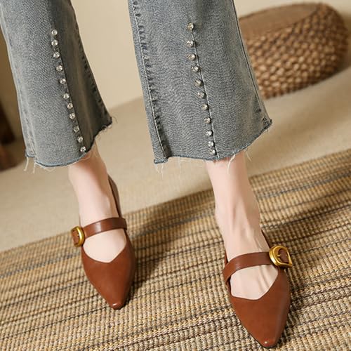 Womens Pointed Toe Leather Mary Jane Flats Comfortable Low Heels Buckle Strap Work Casual Dress Slip On Flats Shoes3