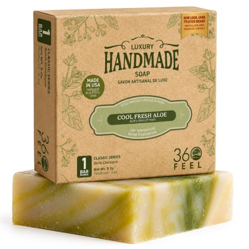 360Feel Cool Fresh Aloe Soap - Made in The USA - Castile Handmade, All-Natural Cold-Processed - Infused with Aloe Vera for Refreshing Cleanse and Creamy Rich Lather (5 oz)