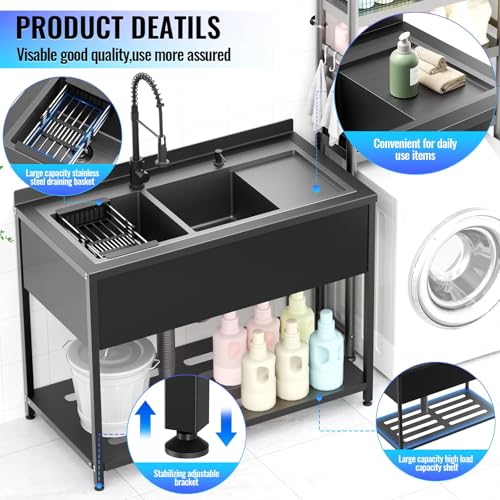Stainless Steel Utility Sink, 47.5" × 24" × 38.9",2 Compartment Sink Freestanding Commercial Sink,with Faucet and Drainboard,Hoses and Drain Kit,Freestanding Sink,Indoor Outdoor