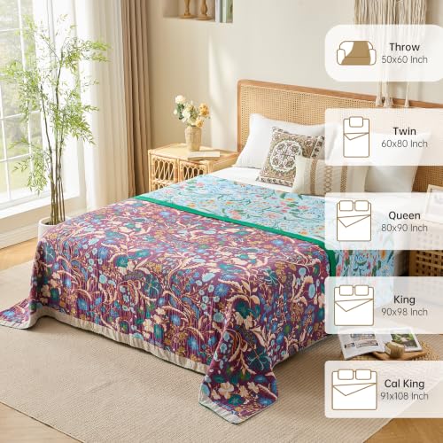 Image of VANJOROY King Boho Throw Blanket, 100% Organic Cotton Breathable Skin-Friendly Ultra Soft 91 inch x 98 inch Bed Quilt Blue Throw - Floral Rustic Luxury Reversible Blanket for Sofa Couch Chair and Gift