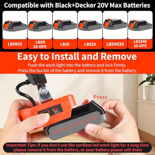 Image of Cordless LED Work Light Compatible with Black+Decker 20V Max Battery, 90W 7000LM Flood Light with USB & Type-C, Low Voltage Protection for Garage Outdoor Job Site Lighting (Tool Only)