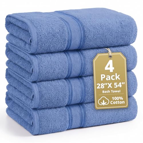 Image of LANE LINEN 100% Cotton 4 Pack Bath Towels (28 inchx54 inch) - Zero Twist, Mercerized Cotton Bathroom Towels Set - Quick Dry, Soft & Absorbent Large Bath Towels - Machine Wash in Cold Water - Cerulean Blue