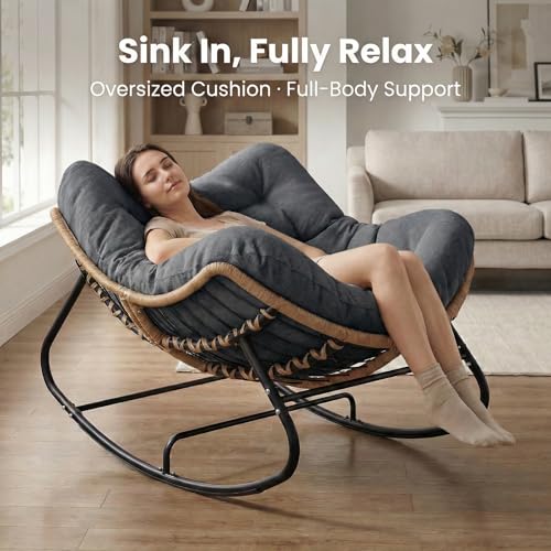 Image of SWITTE Outdoor & Indoor Rocking Chair - Rattan Wicker Lounge Chair, Patio & Garden Comfort - Modern Royal Grey