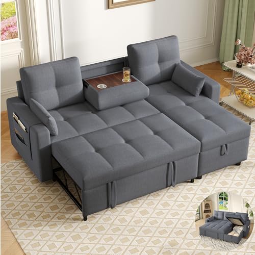 Yihomfy Canapé Convertible 3 Places, Canapé d'angle Convertible, Canapé Lit 3 Places avec Porte-gobelet, Chaise Réversible, Multifonctionnel Canape avec Rangement,Poche Latérale, Canapé en L,Gris