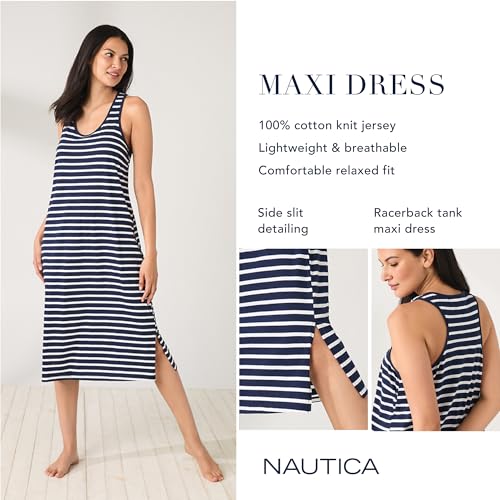 Nautica Womens Sleep Dress 100% Cotton Jersey Knit Racerback Full Length Nightgown with Slit4