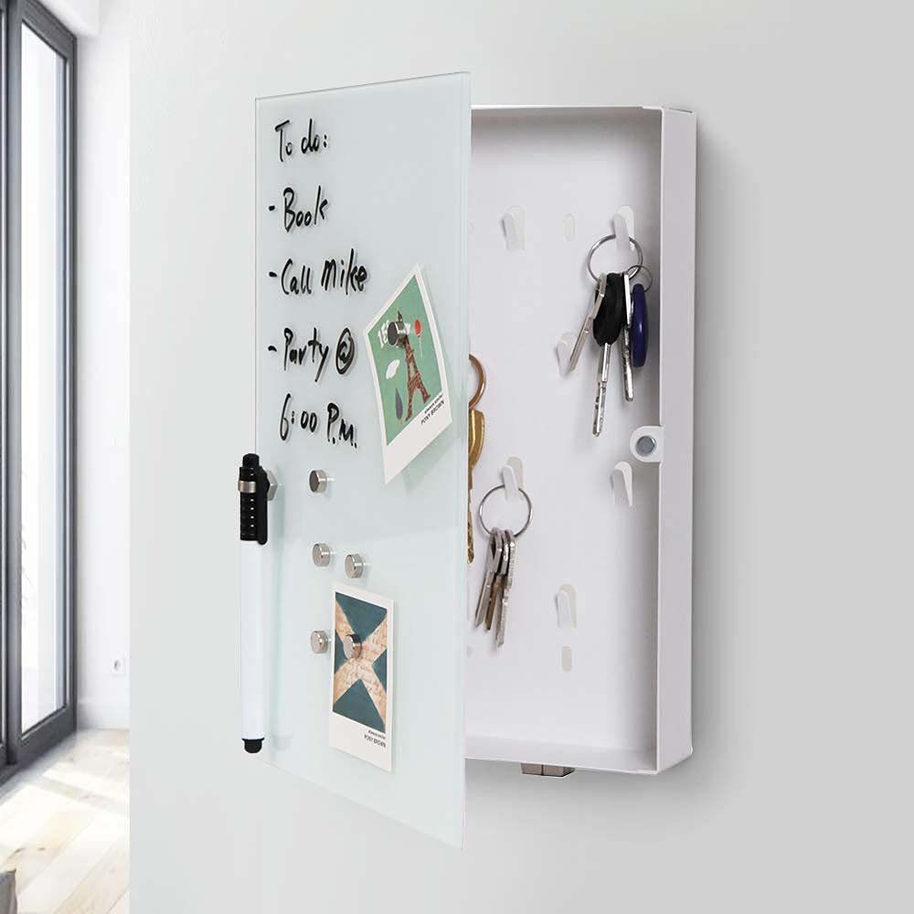 BAKAJI Coffret Porte-clés avec Tableau magnétique en Verre + aimants et marqueur, Blanc, Unique