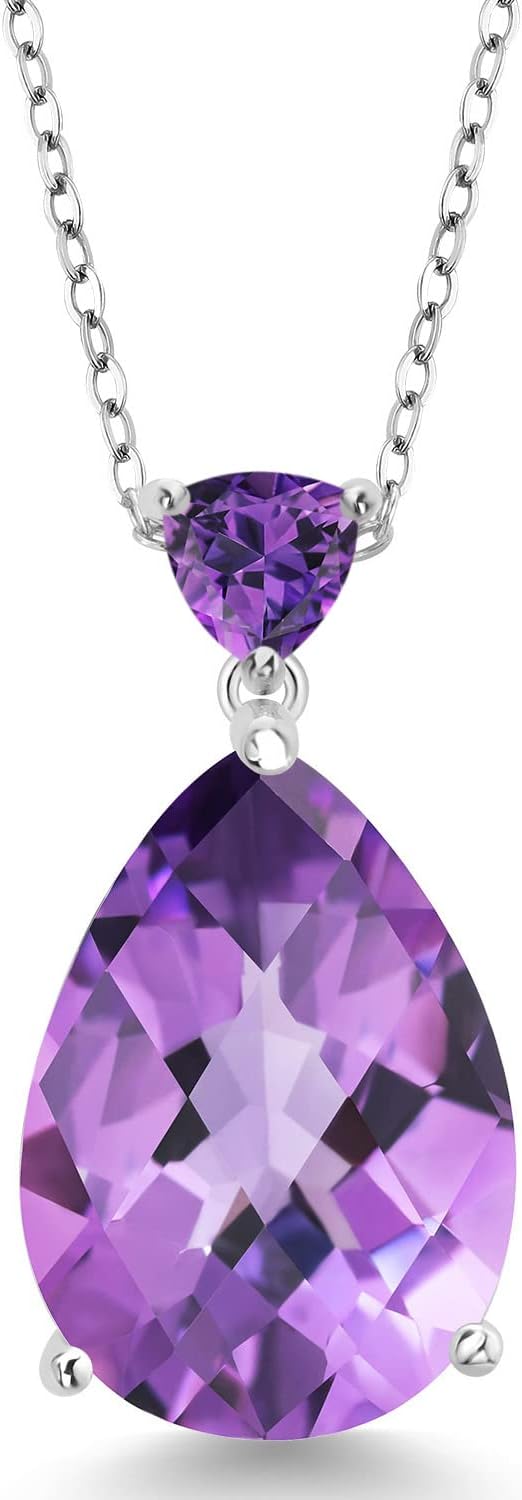 Gem Stone King 10.22 Cttw Purple Amethyst Pendant Necklace For Women | 925 Sterling Silver | Gemstone Birthstone | Pear Shape Checkerboard 18X13MM | With 18 Inch Chain