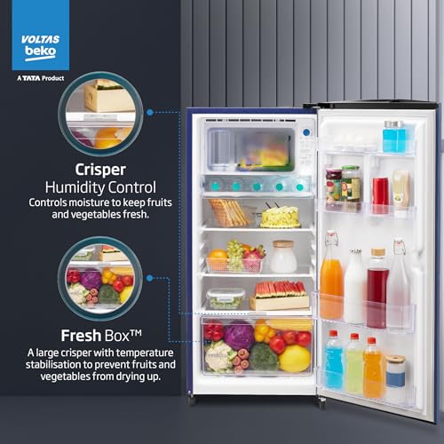 Image of Voltas Beko, A Tata Product 183 L, 2-Star Single Door Direct Cool Refrigerator with Fresh Box Technology (RDC215C / 2S0XER0M0000GO, Hairline Blue)