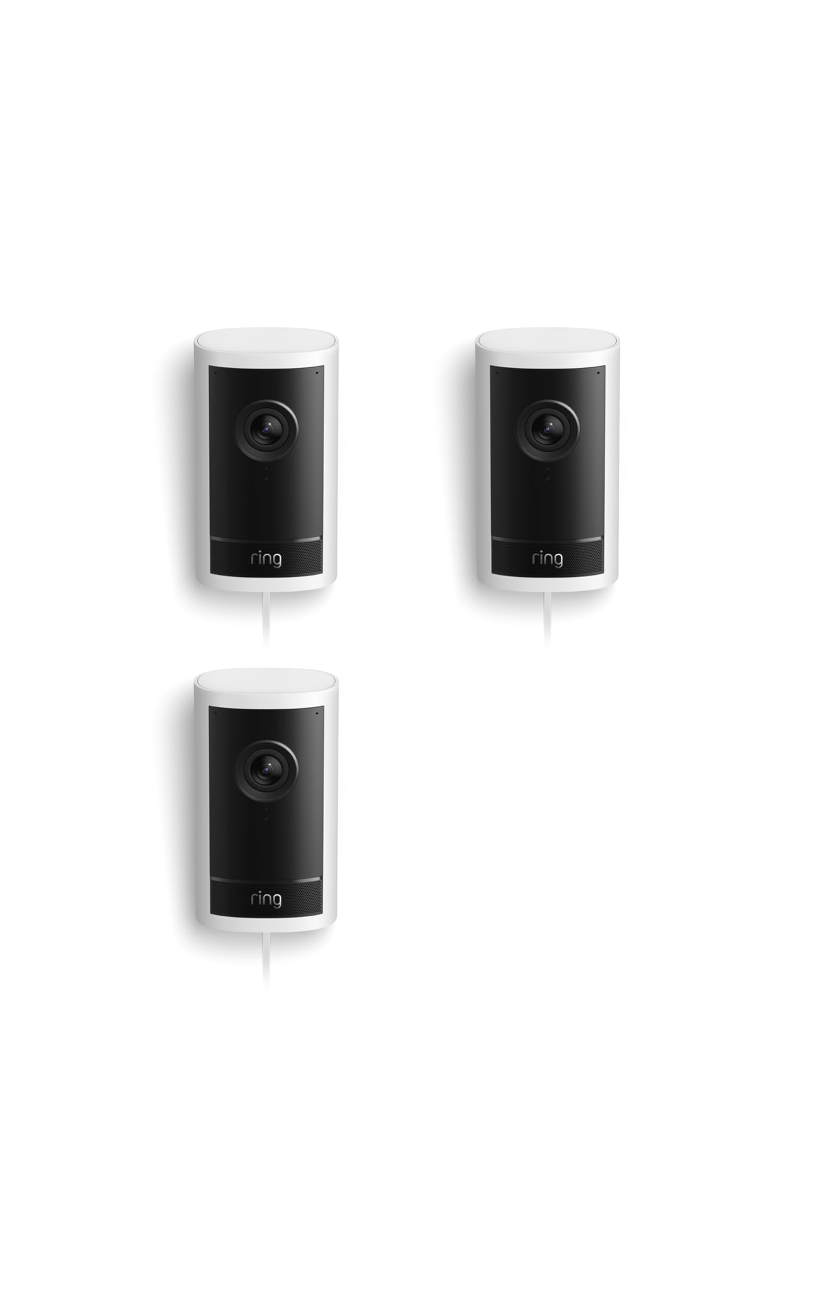 Ring Outdoor Cam Pro, Plug-In (newest model), Home or business security, Retinal 4K with wide-angle video, 10x Enhanced Zoom, and Low-Light Sight, 3-pack, White