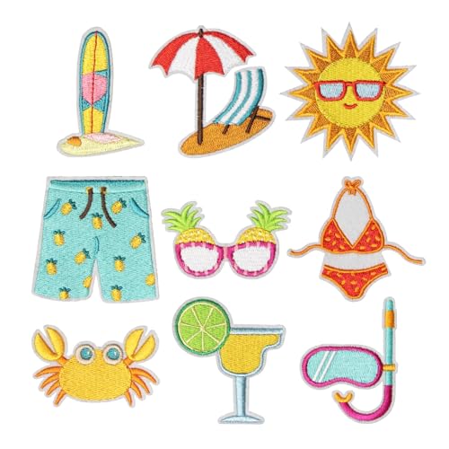 HEYTRCO 9PCS Summer Beach Iron on Patches, Bikini Crab Sun Tent Diving Embroidered Iron on Badges for Clothes, Custom Holiday Applique for Hats, Jeans, Jackets, Bags, Backpacks, Dress