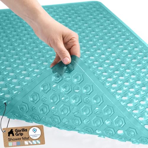 GORILLA GRIP Patented Bath Tub Shower Mat, Machine Washable Bathtub Floor Liner Mats, Suction Cups and Drain Holes to Keep Tubs Clean, Soft on Feet, Bathroom Essentials, 35x16 Inch, Clear Turquoise