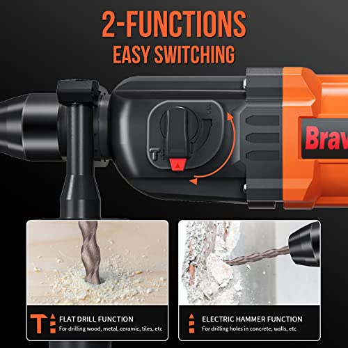 Cordless Rotary Hammer Drill, Bravolu Brushless 21V 1 Inch Sds Plus Hammer Drill With 2 X 1.5Ah Battery And 1/2" Drill Chuck, 2 Modes And Variable-Speed, 360° Adjustable Handle #TOP2