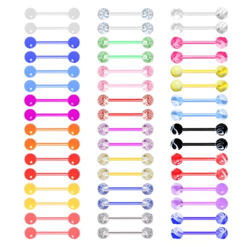 48Pcs 14G Glow in Dark Flexible Acrylic Straight Tongue Barbell Plastic Tongue Piercing Jewelry for Women Men Candy Color Tongue Rings 16mm Bar
