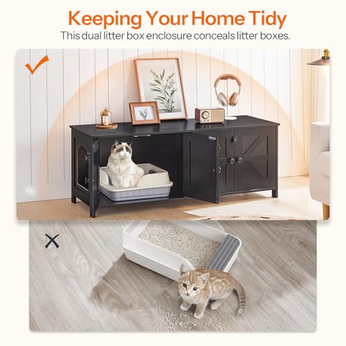 Image of HOOBRO Cat Litter Box Enclosure for 2 Cats, Hidden Litter Box Furniture, 47.2 x 17.7 x 19.7 Inches, Wooden TV Stand with Dual Room, Large Cat House for 2 Cats, Black BK32MW01G1