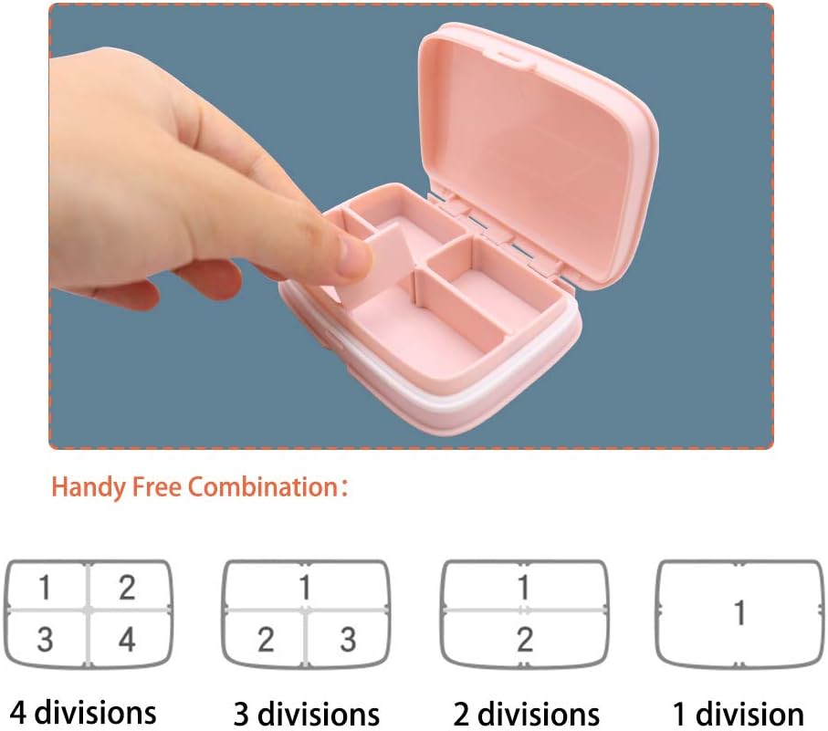 HRX Package Little Cute Pill Box Moisture Proof, Portable Pocket Pill Case Carrier Medicine Organizer with 4 Detachable Deep Compartments (Pink)