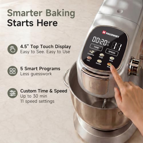 Hauswirt Stand Mixer 6QT XL Large, 4.5" LED Touch Screen Electric Household Stand Up Mixer, Full Metal Structure Standing Mixer 11-Speed, Dough Cake Bread Mixer – Silver - image 2