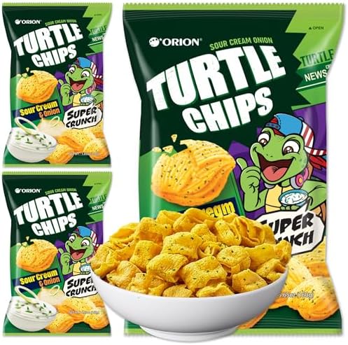 K-Munchies Orion Turtle Chips – Large 3 x 160-gram Sour Cream and Onion Flavor Korean Chips – Big Bag, Party Size Tasty, Crispy Korean Corn Snacks - Bite-Sized, On-The-Go Korean Corn Snack for Family
