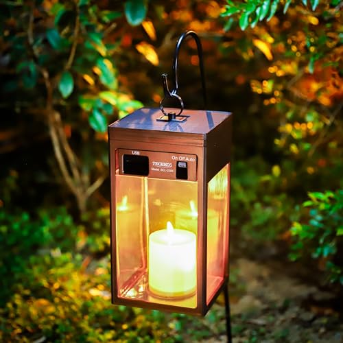 Image of TECHKO Solar Candle Modern Hanging Lantern with Dusk to Dawn Feature - Waterproof LED Flickering Flameless Candle, Decorative Outdoor Garden Lights for Table, Patio, Pathway, Yard