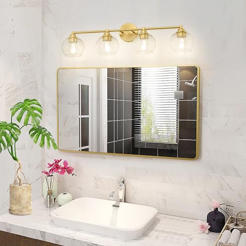 Image of Brushed Gold Bathroom Light Fixtures,4-Light Vanity Lights with Clear Glass,Mid Century Modern Bathroom Light Fixture Over Mirror