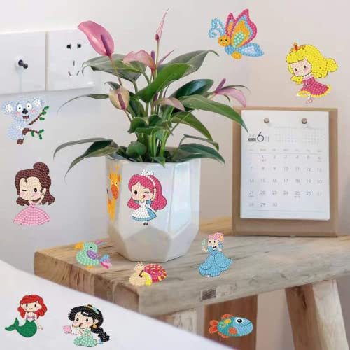 24 Pcs 5D Diy Diamond Painting Stickers Kits For Kids,Cute Cartoon Princess And Animals Handmade Digital Paint Rhinestone Mosaic Sticker Making For Children Art Craft,Kids Gift #TOP5