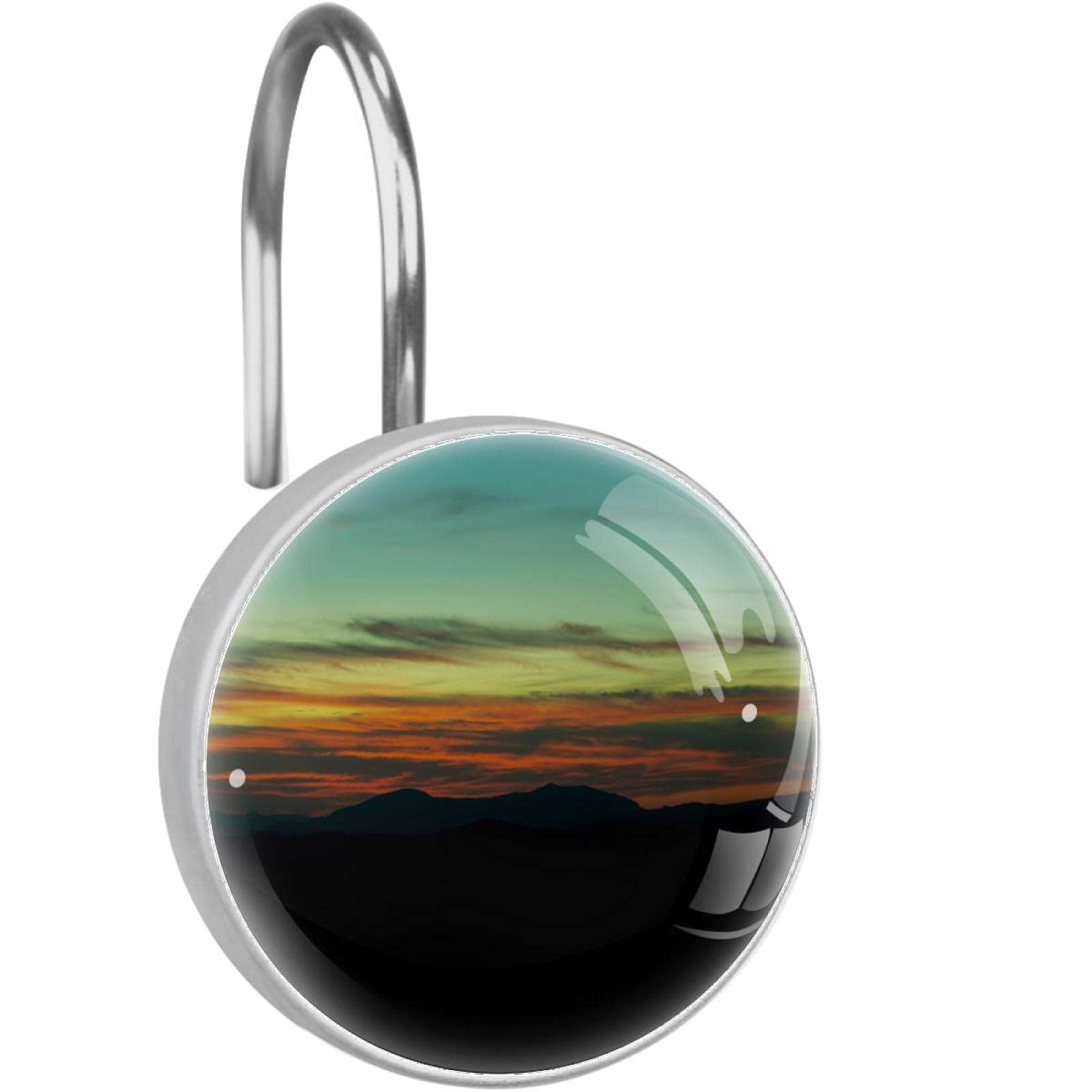Crochets rideau de douche inox durables au design coucher de soleil montagne