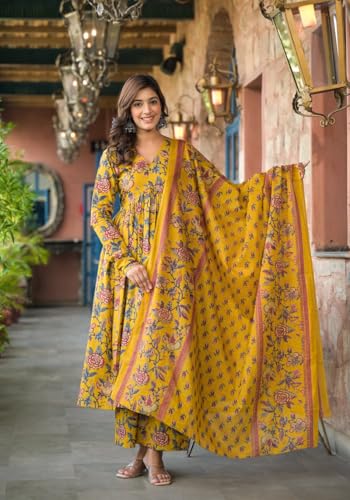 Image of MEERA FAB Women's Cotton Blend V-Neck Anarkali Printed Kurta with Palazzo & Dupatta