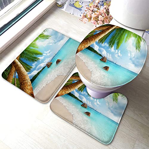 Badezimmerteppich-Set, 3-teilig, tropisches Strandthema, Palmenblau, waschbare Badeteppiche, rutschfest, mit Rückenpolster, Konturteppich und Toilettendeckelbezug