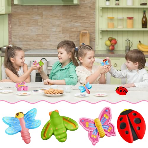Gemscream 60 Pcs Plaster Painting Fairy Art Party Favors for Kids DIY Statues Craft Butterfly Insect Activities Birthday Supplies with Magnet Brushes Palette Organza Bag Gifts