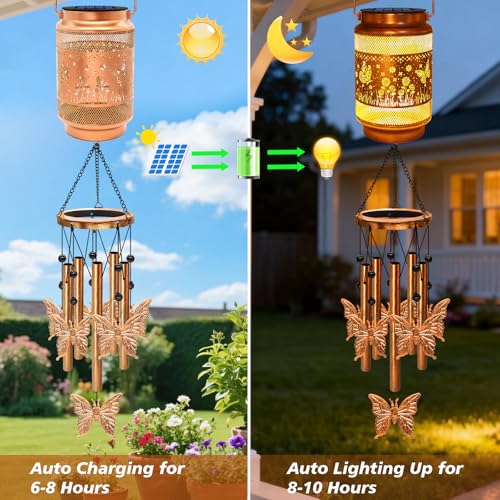 Image of 2 Pack Butterfly Solar Wind Chimes for Outside, Gifts for Mom Women Grandma Birthday Memorial Teacher, 32 inch Windchimes Outdoor Decor Hanging Solar Lantern for Garden Porch Patio Backyard