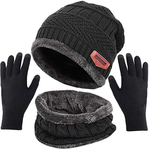 T WILKER 3 Pcs Winter Knit Beanie Hat Neck Warmer Scarf and Touch Screen Gloves Set for Men Women Fleece Lined Skull Cap Thick Soft Scarf and Knit Gloves(3 Pcs Black)