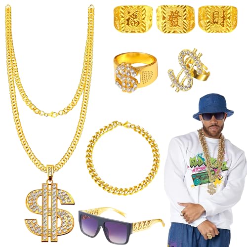 8Pcs Hip Hop Party Decorations, Fake Gold Chain, Gold Chain Dollar, 90s Fancy Dress Men, Hip Hop Costume Accessories for Kids Adult, Ring, Hippie Glasses for Hippie Rapper Disco Outfit