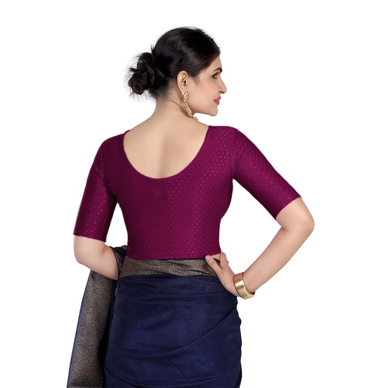 Image of FINESTFIT Round Neck Stretchable Elbow Sleeve Readymade Saree Blouse for Women, 100% Cotton Dobby Fabric