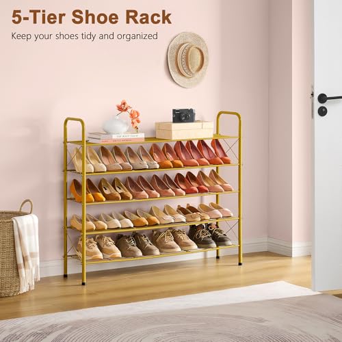 Image of Hoctieon 5 Tier Shoe Rack for Closet, Durable Mesh Style Shoe Rack, Entryway Shoe Shelf, Shoe Storage Organizer for Hallway, Bedroom, Living Room, Wardrobe, Gold