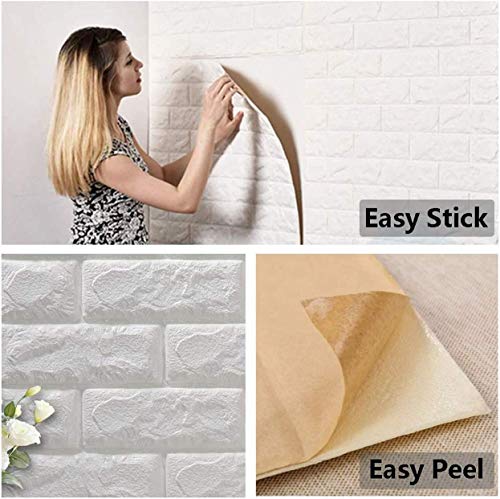 Image of Vinyl Self Adhesive Brick Design 3D Wall Stickers DIY Wallpaper for Home Hotel Living Room Bedroom & Cafe - White -1 Piece (70 X 77 Cm)