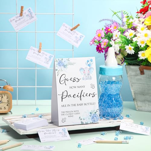 Image of Roowest 512 Pcs Baby Shower Games Guess How Many Pacifiers Sign 100 Small Guessing Games 10 HB Pencils 750ml Milk Bottle 400 Acrylic Pacifiers Decoration for Guest Gender Reveal(Blue,Elephant)