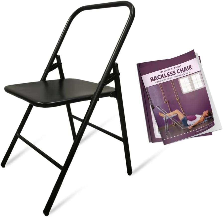 Iyengar Yoga Chair for Holding, Alignment, Flexibility | Backless | Capacity: 100kg | Includes Book (112 Ways of Using) (Black)